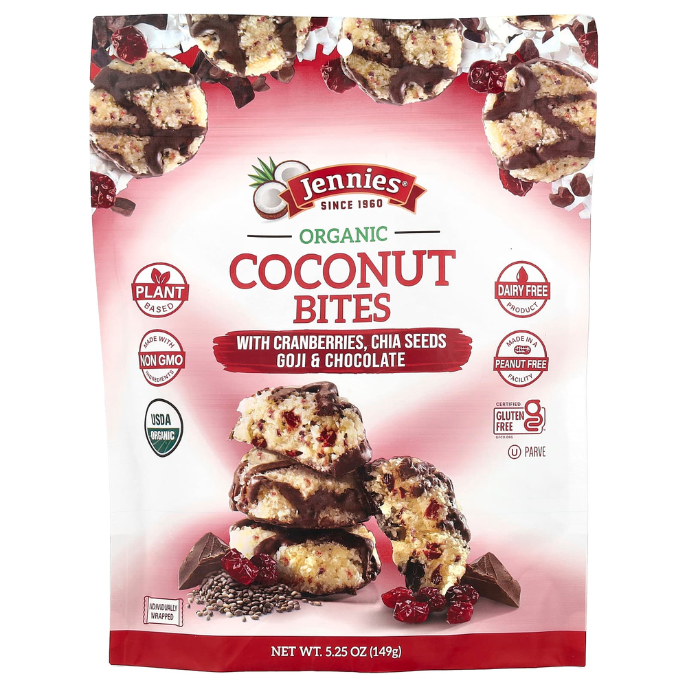 Jennies Macaroons, Кусочки органического кокоса с клюквой, семенами чиа, ягодами годжи и шоколадом, 149 г (5,25 унции)