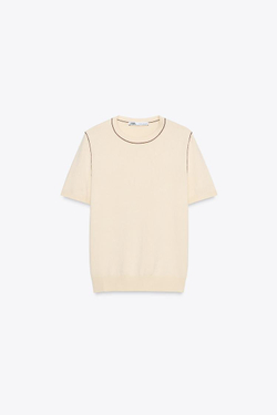 ZARA ТРИКОТАЖНЫЙ ТОП С КОРОТКИМИ РУКАВАМИ И ОКАНТОВКОЙ, ЭКРЮ