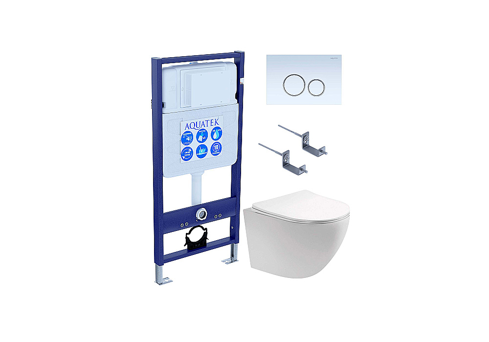 Унитаз подвесной с инсталляцией Aquatek Европа SET AQUATEK ЕВРОПА-015 4в1 белый/кнопка белая, безободковый, с крышкой микролифт