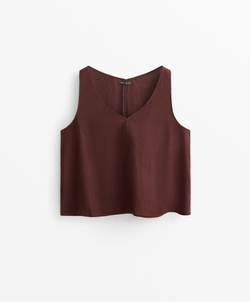 Oysho Топ из 100% льна с V-образным вырезом, шоколадный