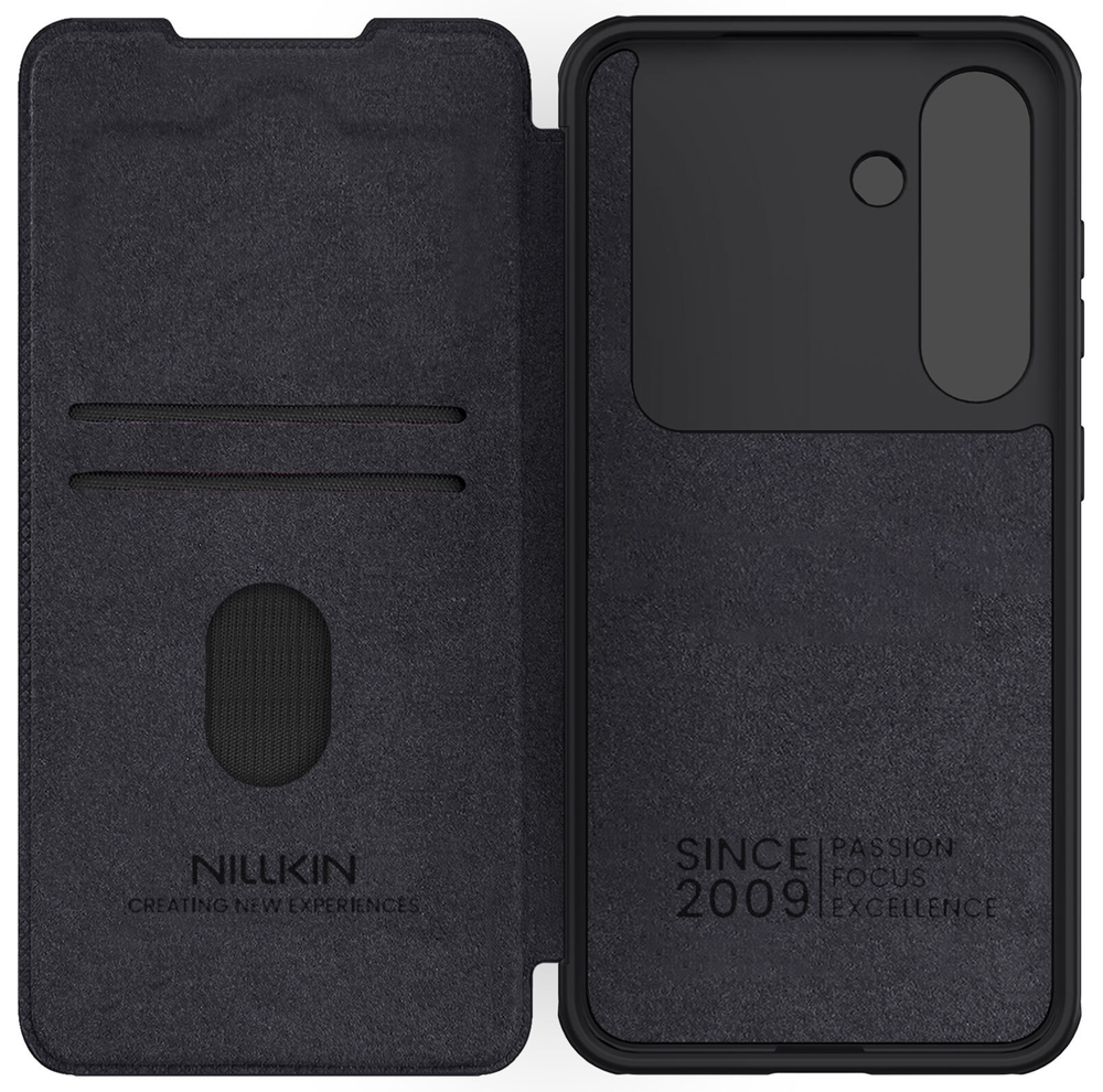 Кожаный чехол книжка черного цвета от Nillkin для Samsung Galaxy S25, серия Qin Pro Leather с сдвижной защитной шторкой для камеры