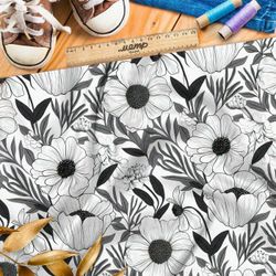 Ткань премиум атлас черно-белый цветник