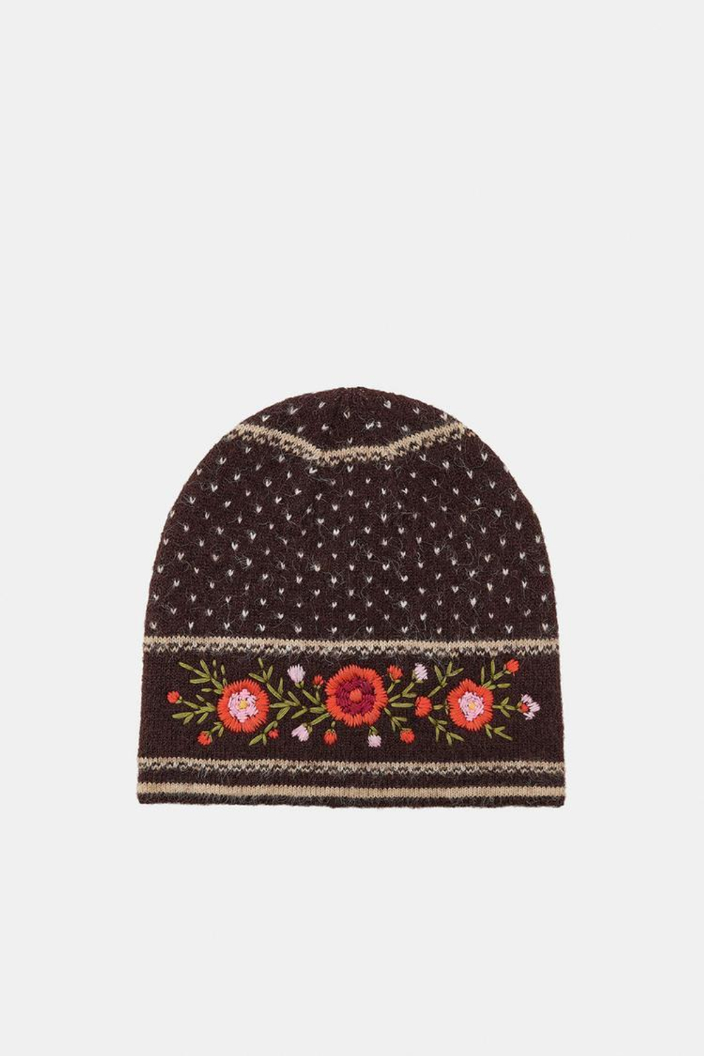 ZARA ШАПКА БИНИ В ГОРОШЕК С ВЫШИВКОЙ В ВИДЕ ЦВЕТОВ, КОРИЧНЕВЫЙ