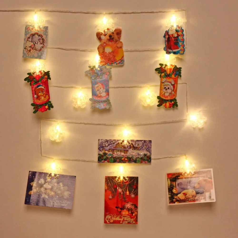 Гирлянда для дома 4,0 м 20 ламп LED с насадками СНЕЖИНКА Прищепка, прозрач.провод, Теплый белый