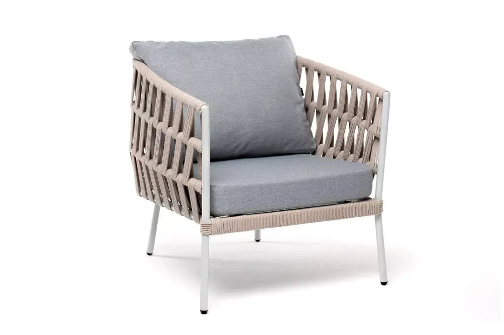 "Диего" кресло плетеное из роупа, каркас алюминий светло-серый (RAL7035) муар, роуп бежевый круглый, ткань светло-серая