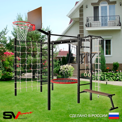 Уличная шведская стенка Sv Sport рукоход с комплектом турник прямой 2шт У5266.1К (Турник/Брусья/Скамья/Гнездо 100см/Щит баскет/Канат/кольца/лестница/Сетка)