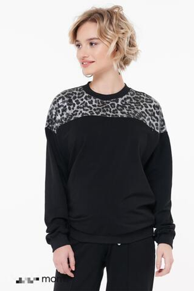 Джемпер для беременных и кормящих их хлопка (футер 2х нитка) с леопардовым принтом, цвет черный,размер 48