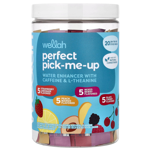 Wellah, Perfect Pick-Me-Up, водоочиститель с кофеином и L-теанином, разнообразные продукты, 20 стиков, 5,2–5,6 г (0,2 унции)