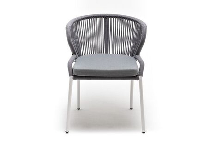 "Милан" стул плетеный из роупа, каркас алюминий белый шагрень, роуп светло-серый круглый, ткань светло-серая