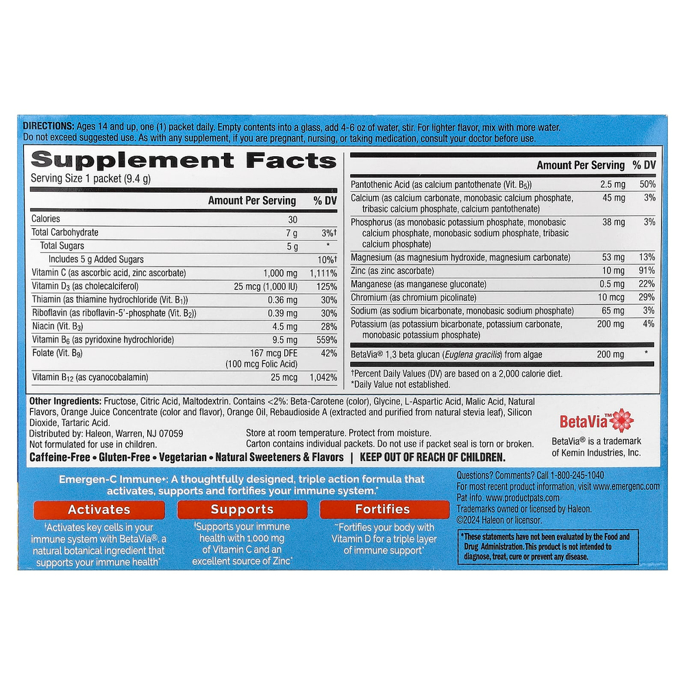 Emergen-C, Immune+, витамин C, витамин D и цинк, со вкусом апельсина, без кофеина, 30 пакетиков по 9,4 г (0,33 унции)