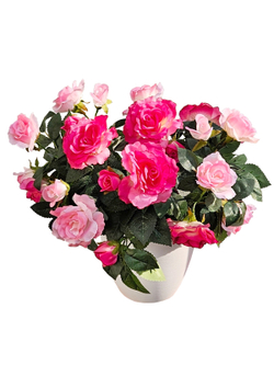 Искусственные цветы Розы малиново-розовые густые в белом кашпо