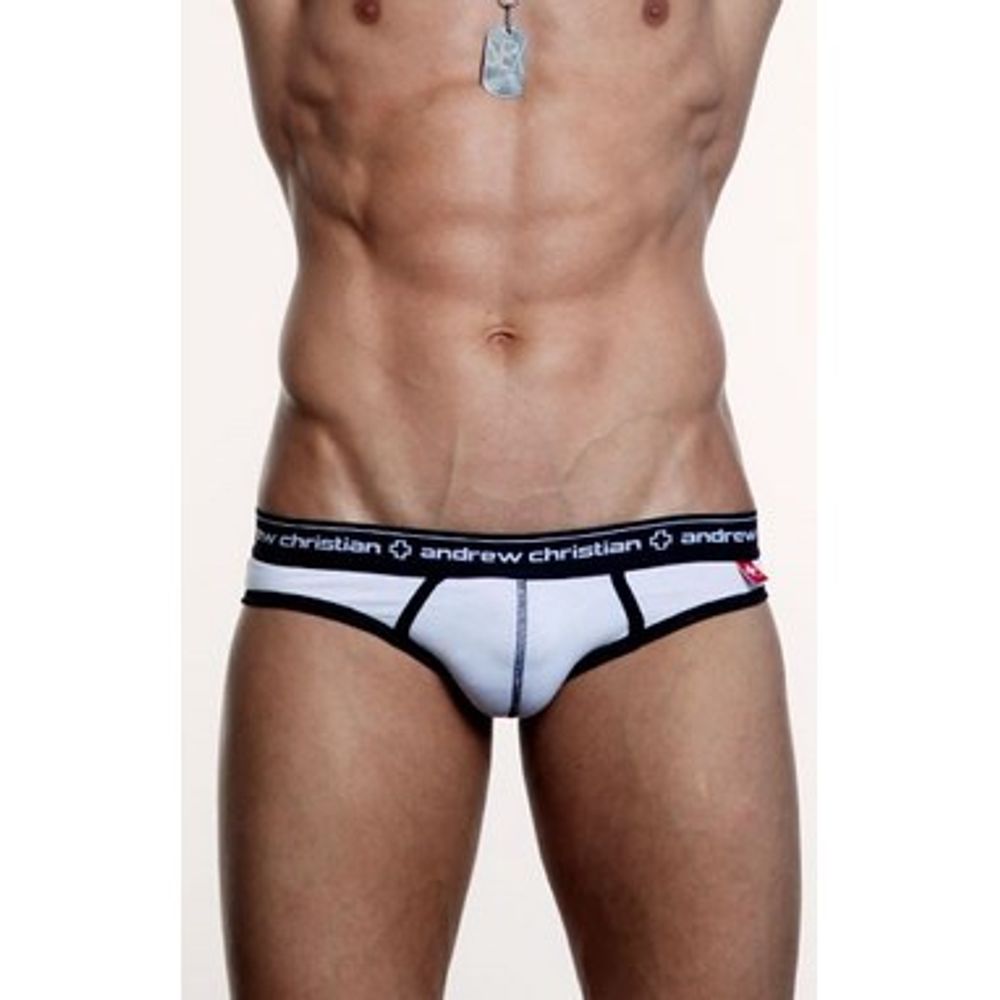 Мужские трусы брифы белые с черной резинкой Andrew Christian Cotton Brief  4574
