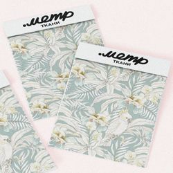 Ткань лен попугай в листьях белые