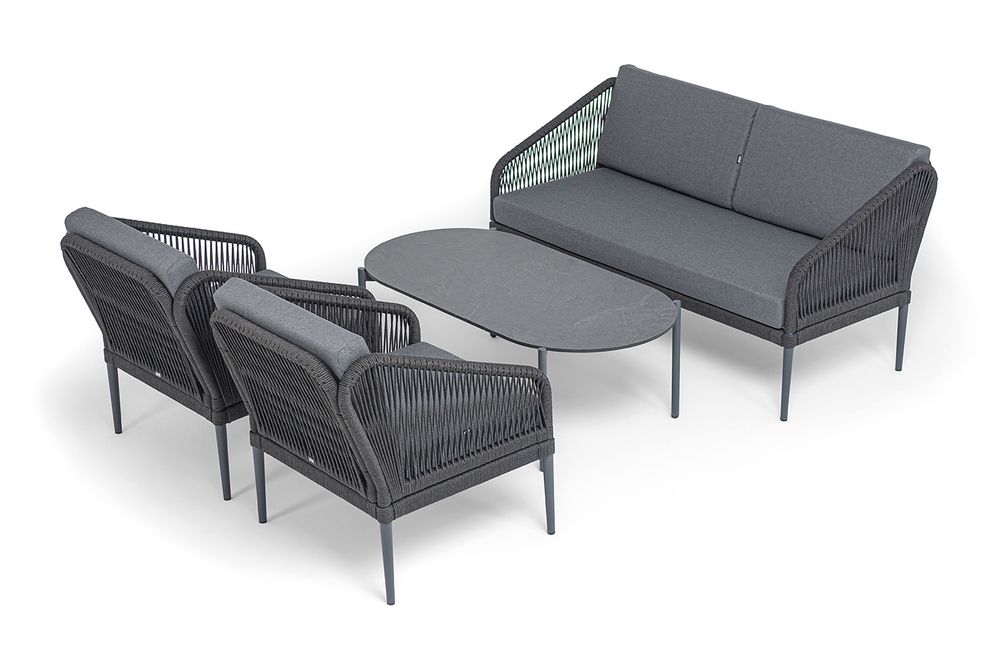 "Канны" лаунж-зона 4-местная (разборная) из роупа со столиком "Диего" цвета "серый гранит", роуп темно-серый круглый, ткань темно-серая