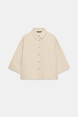 ZARA УКОРОЧЕННАЯ РУБАШКА С ШИРОКИМИ РУКАВАМИ, БЕЖЕВЫЙ