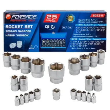 Головки 1/4'', 1/2'', набор 25пр. Forsage F-50121I