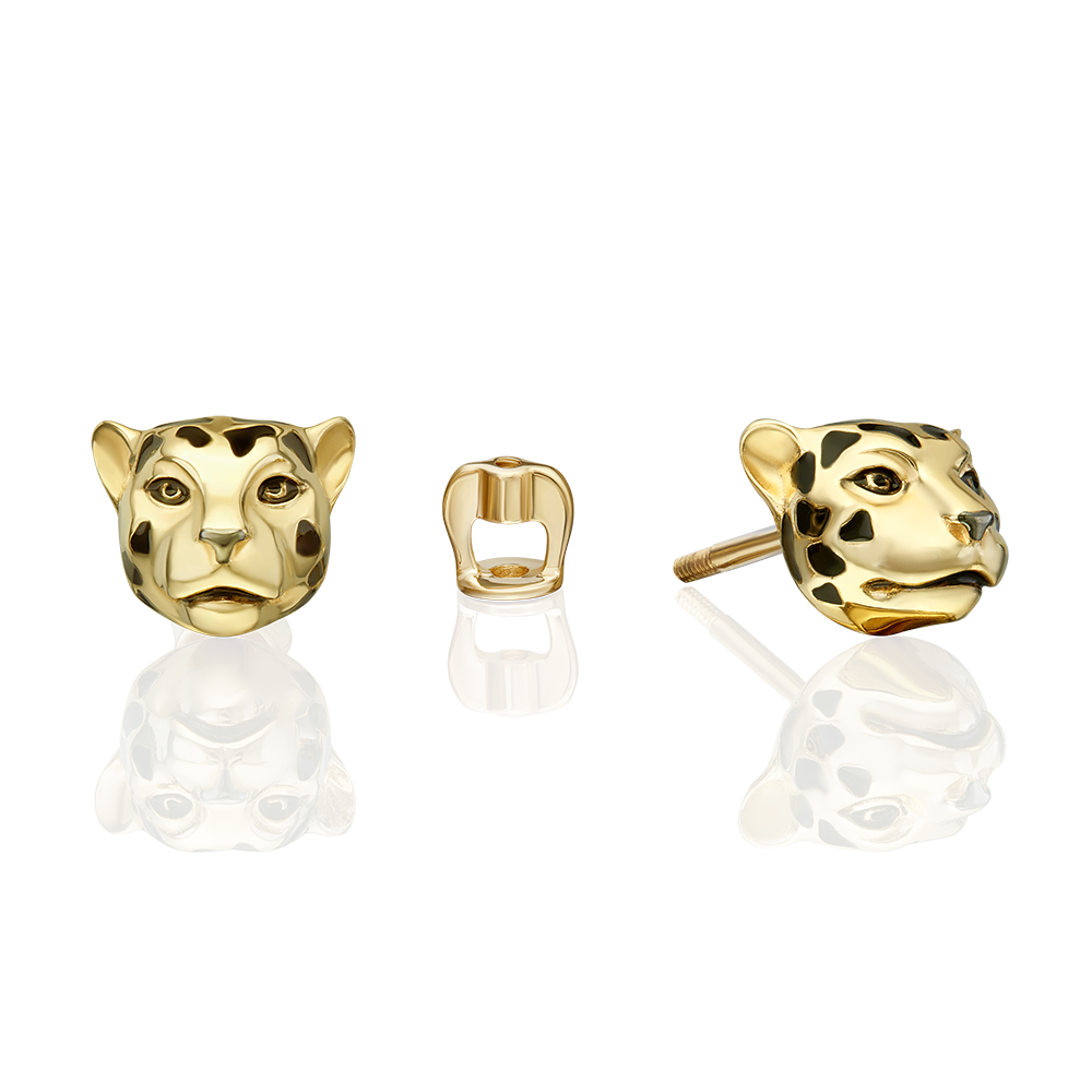 Серьги-пусеты «Леопарды» из лимонного золота с эмалью