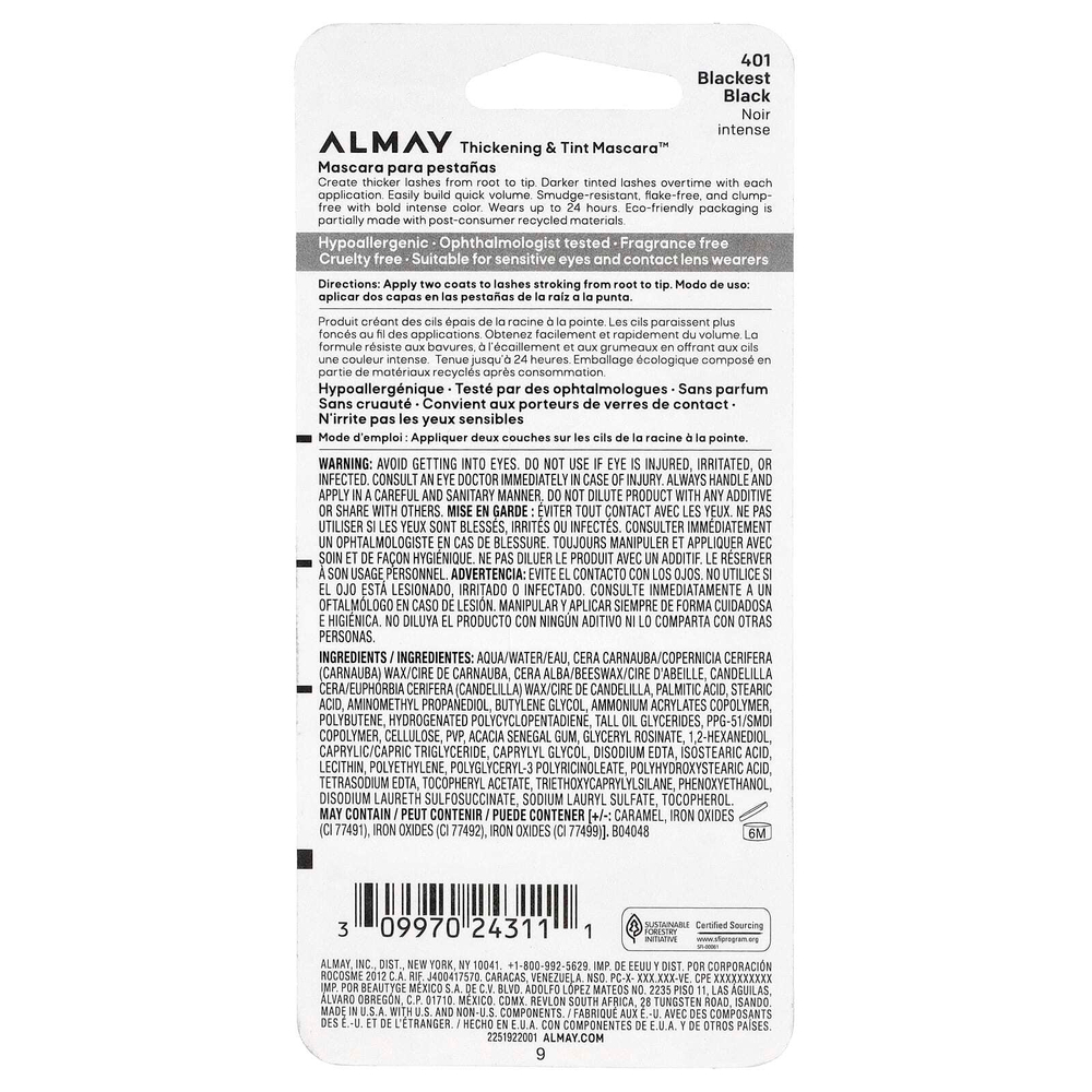 Almay, Thickened & Tint Mascara™, оттенок 401 черный, 8,3 мл (0,28 жидк. унции)