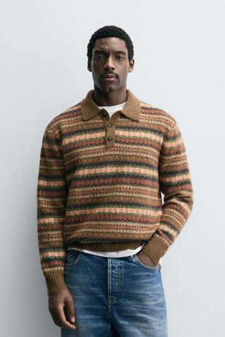 ZARA ТРИКОТАЖНОЕ ПОЛО ЖАККАРДОВОЕ ГЕОМЕТРИЧЕСКОЕ, КОРИЧНЕВЫЙ