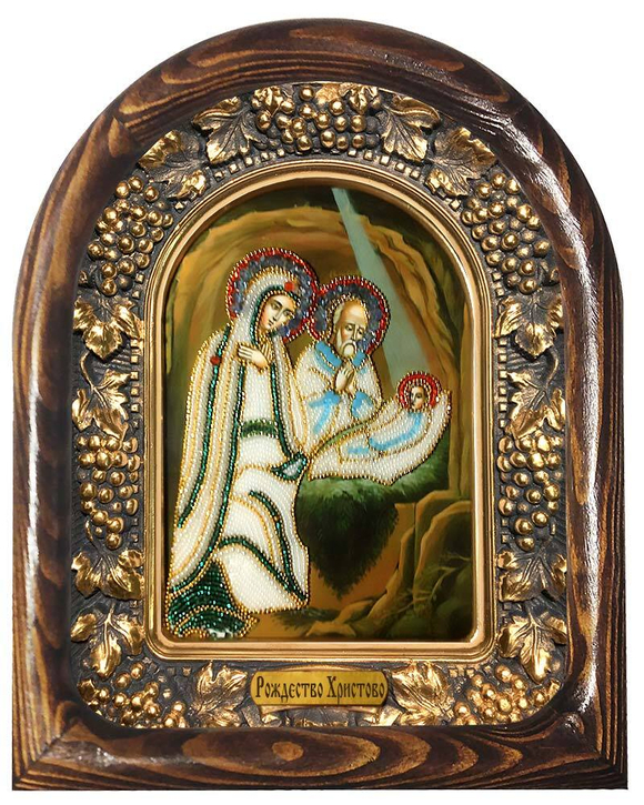 Рождество Христово (бисер, аквамарин, голубой агат, жемчуг)