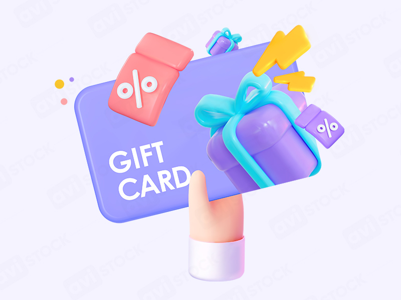 3D Подарочная карта в руке с купонами и подарками