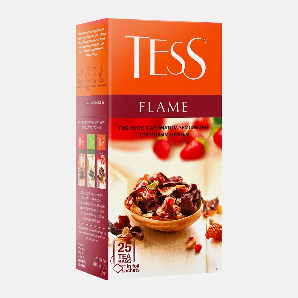 Чайный напиток Tess Flame Гибискус с ароматом земляники и розовым перцем 25пакетиков 50г