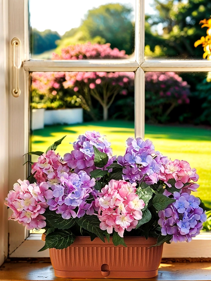 Искусственные цветы Гортензия розово-лиловая 40см в балконном ящике