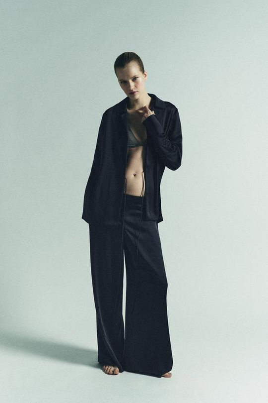 ZARA АТЛАСНЫЕ БРЮКИ С ВЫСОКОЙ ПОСАДКОЙ, МОРСКОЙ ЯРКО-СИНИЙ