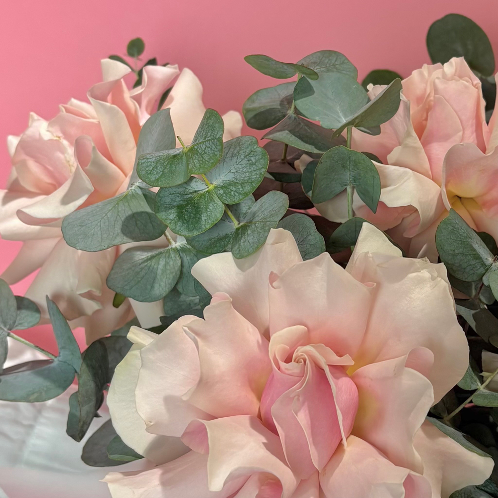 Нежный букет с французскими розами и эвкалиптом в коробке 2607202546