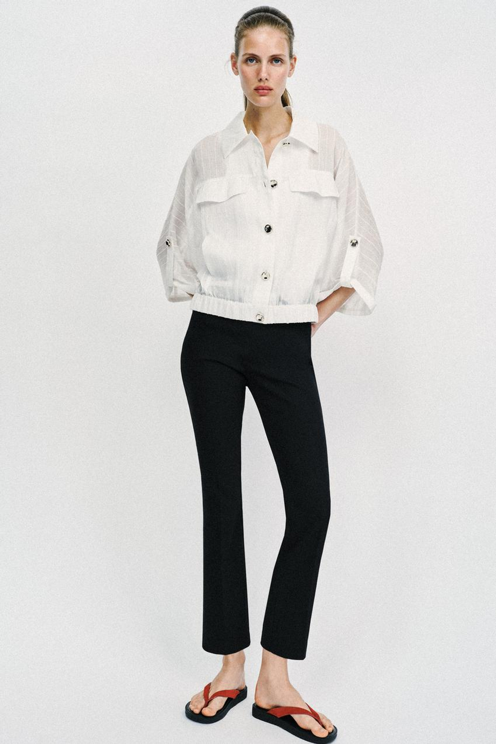 ZARA БЛУЗА-САФАРИ С ПОДВЕРНУТЫМИ РУКАВАМИ, БЕЛЫЙ