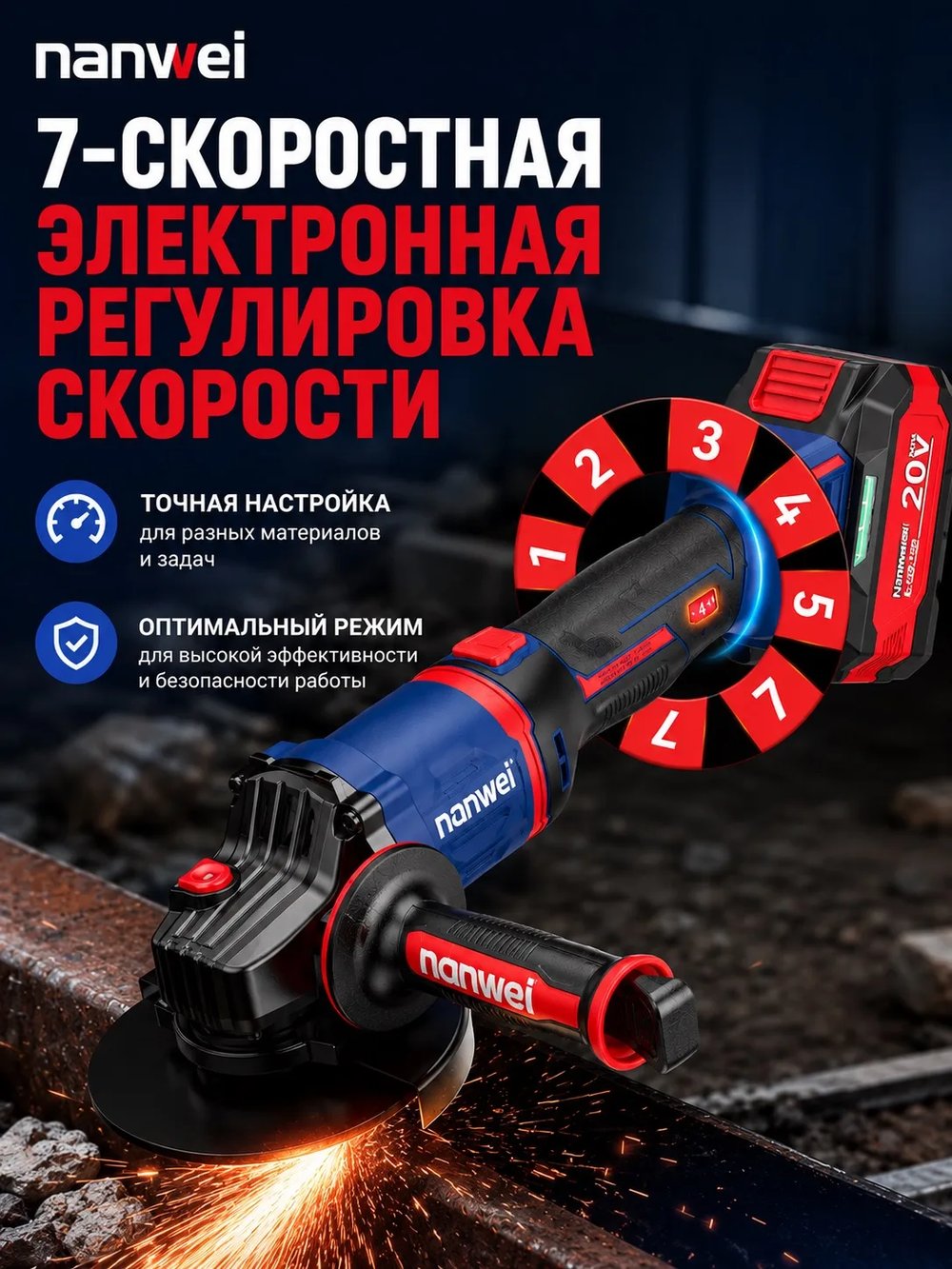УШМ аккумуляторная (болгарка) NANWEI NW-A8162, 20 В, 2×6 Ач, в кейсе