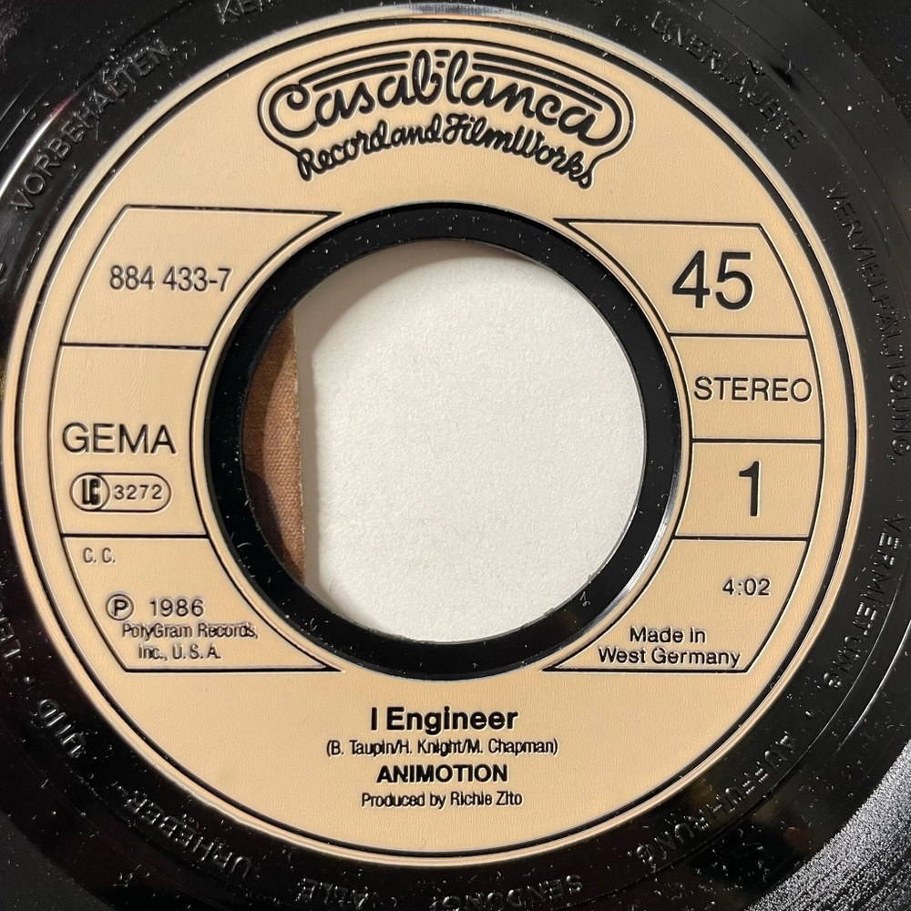 Винтажная виниловая пластинка LP Animotion I Engineer (Germay 1986) 7 дюймов, 45 RPM, Single