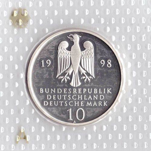 10 марок. 300 лет Франкскому благотворительному фонду (A). Серебро. 1998 г. PROOF. В родной запайке
