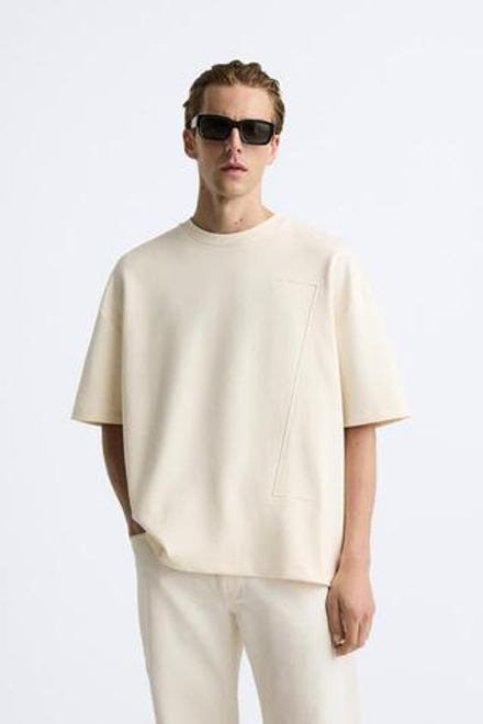 ZARA ФУТБОЛКА С РЕЛЬЕФНОЙ НАДПИСЬЮ, ЖЕЛТОВАТО-БЕЛЫЙ