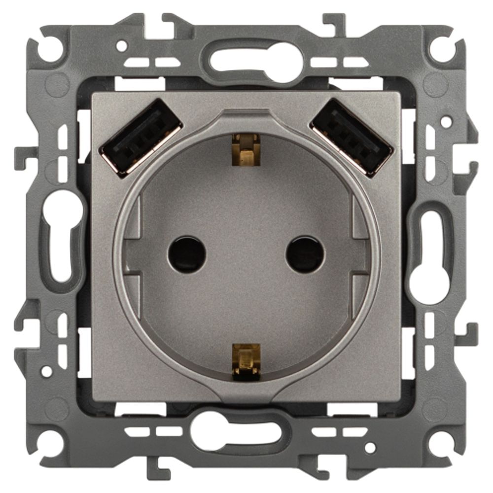 Розетка ЭРА Серия 12 12-4109-16 2P+E 16A-250В шторками с 2xUSB 5В-3А титан | ЭРА 12 Титан