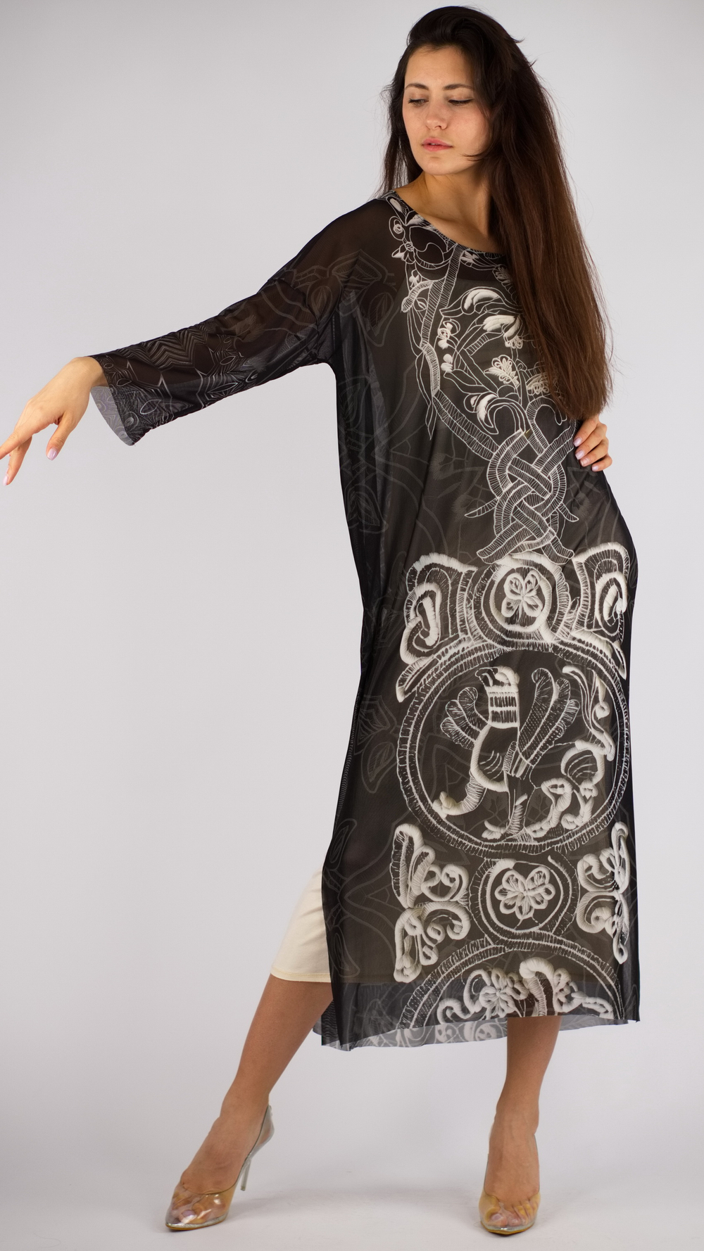 Платье-туника из сетки "Сны белого камня. Птицы", по мотивам коллекции Сны белого камня