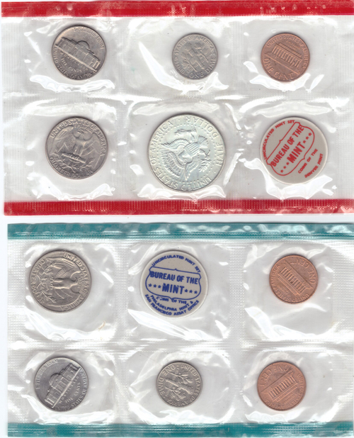 Годовой набор монет США 1968 год (5 монет + жетон - D; 4 монеты + жетон - P, 1 цент - S) в конверте. Серебро, медно-никель, медь