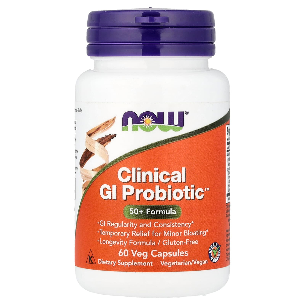NOW Foods, Clinical GI Probiotic, смесь пробиотиков для пищеварения, для людей старше 50 лет, 60 растительных капсул