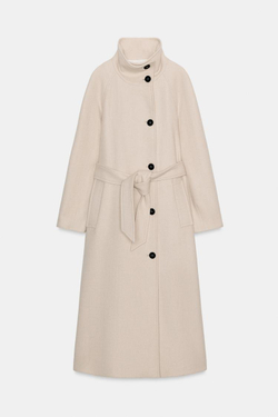 ZARA ДЛИННОЕ ПАЛЬТО ИЗ ШЕРСТИ С ВОРОТНИКОМ СТОЙКОЙ, БЕЖЕВЫЙ