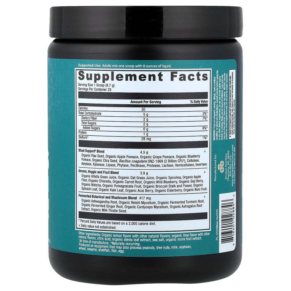 Ancient Nutrition, Organic Super Greens, средство от вздутия живота, цитрус и яблоко, 242 г (8,5 унции)