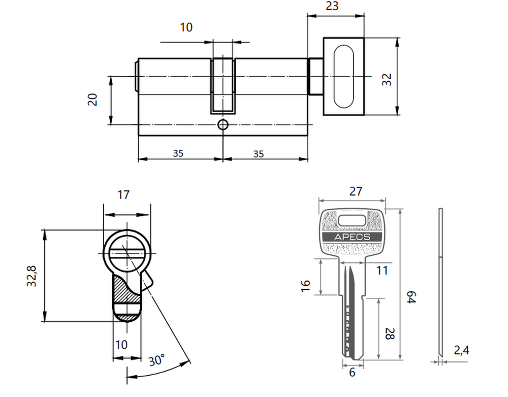 Цилиндровый механизм Apecs SM-70-C-NI