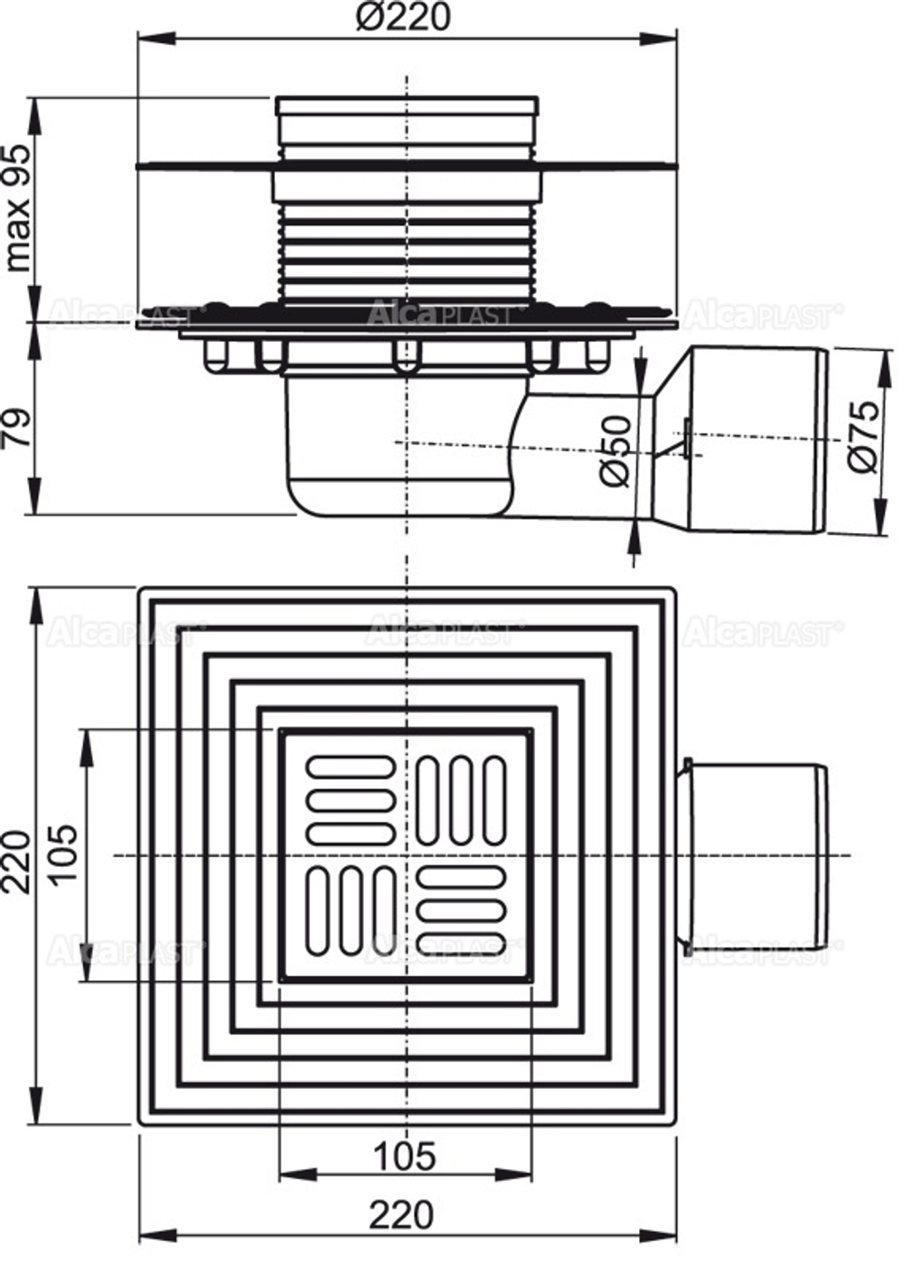 Сливной трап AlcaPlast APV3344 105 x 105/50/75