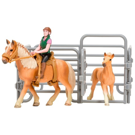 Игрушки фигурки в наборе серии "На ферме", 4 предмета: Авелинская лошадь и жеребенок, наездница, ограждение-загон