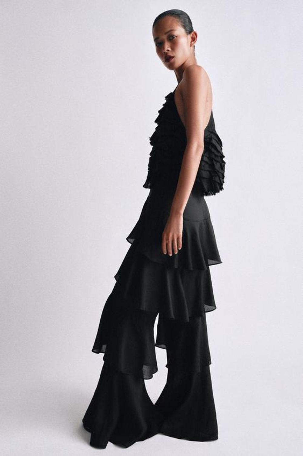 ZARA БРЮКИ С ВОЛАНАМИ И РАМИ — ZW COLLECTION, ЧЕРНЫЙ