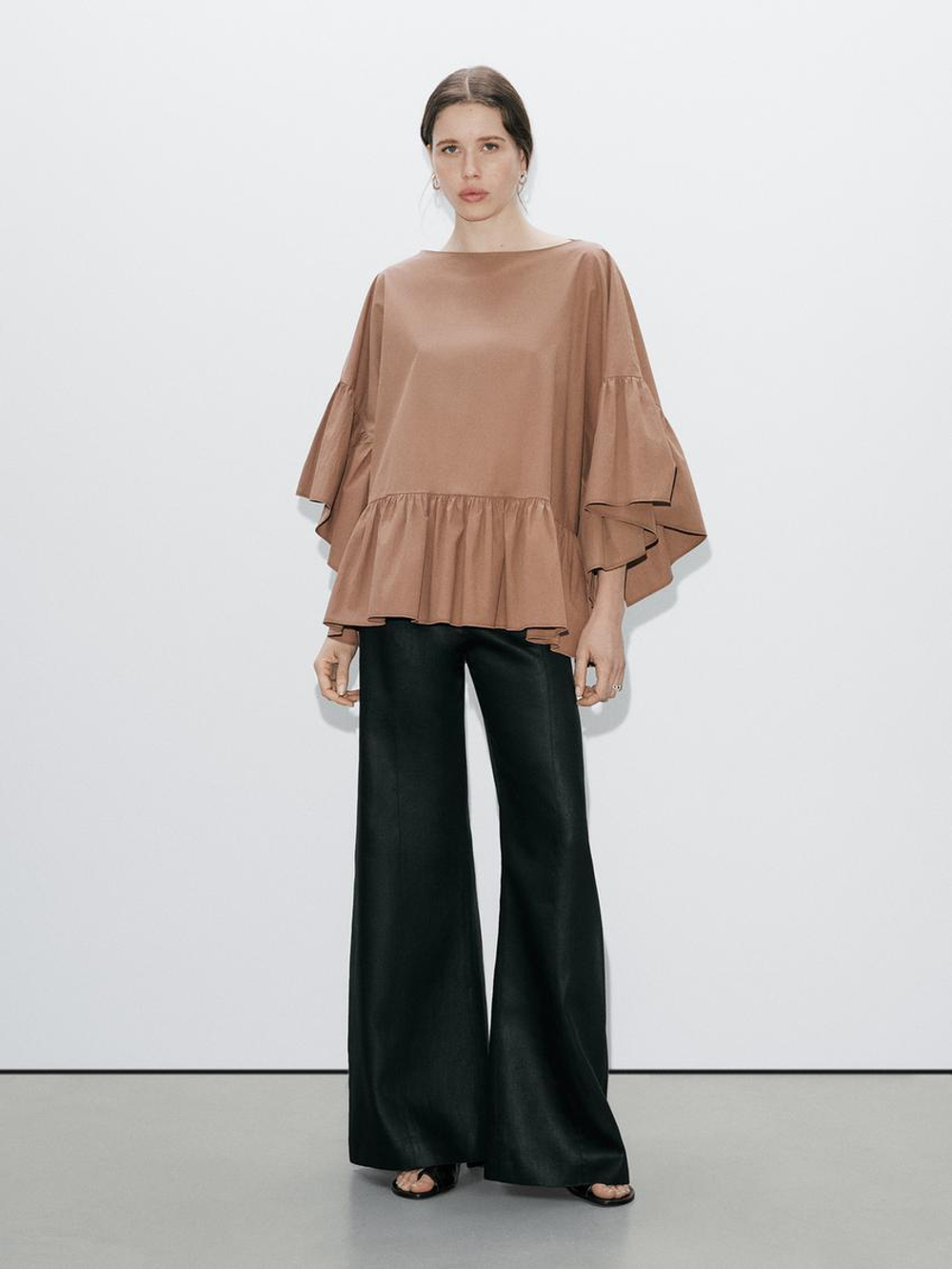 Massimo Dutti Рубашка широкого покроя с оборками, бежевый