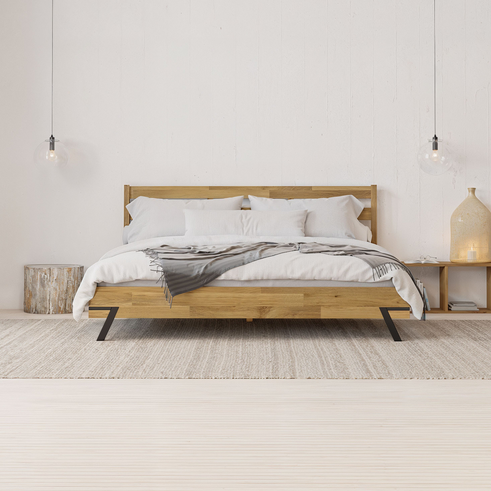 Кровать двуспальная Флеверс 180х200 из массива дуба с основанием, на металлических ножках в стиле лофт