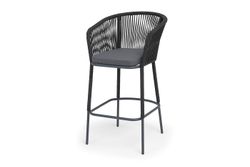 "Марсель" стул барный плетеный из роупа, каркас из стали темно-серый (RAL7024) муар, роуп темно-серый круглый, ткань темно-серая 027 NEW