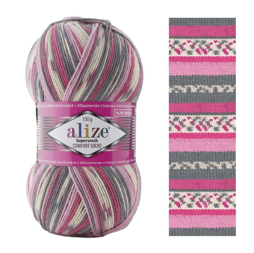 ALIZE &quot;SUPERWASH COMFORT&quot;, 75% шерсть, 25% п/а, 100 гр, 420 м, розовый/серый