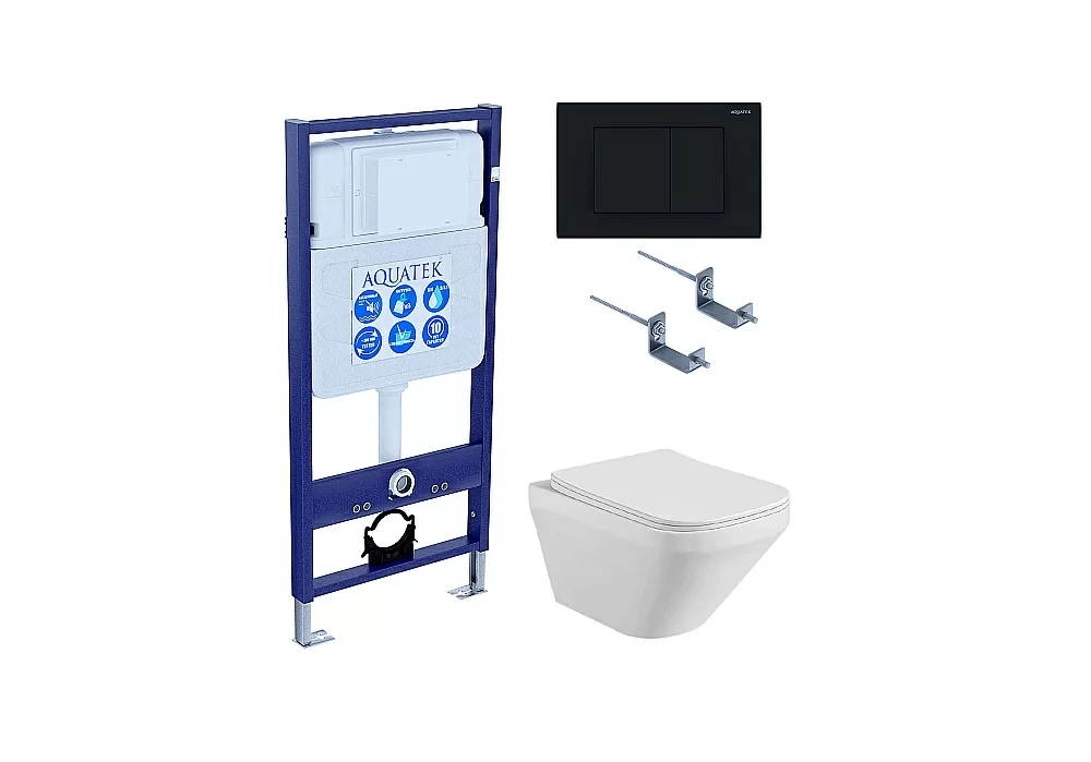 Унитаз с инсталляцией Aquatek Лира SET AQUATEK ЛИРА-012 4в1 с черной матовой кнопкой, с крышкой микролифт, безободковый