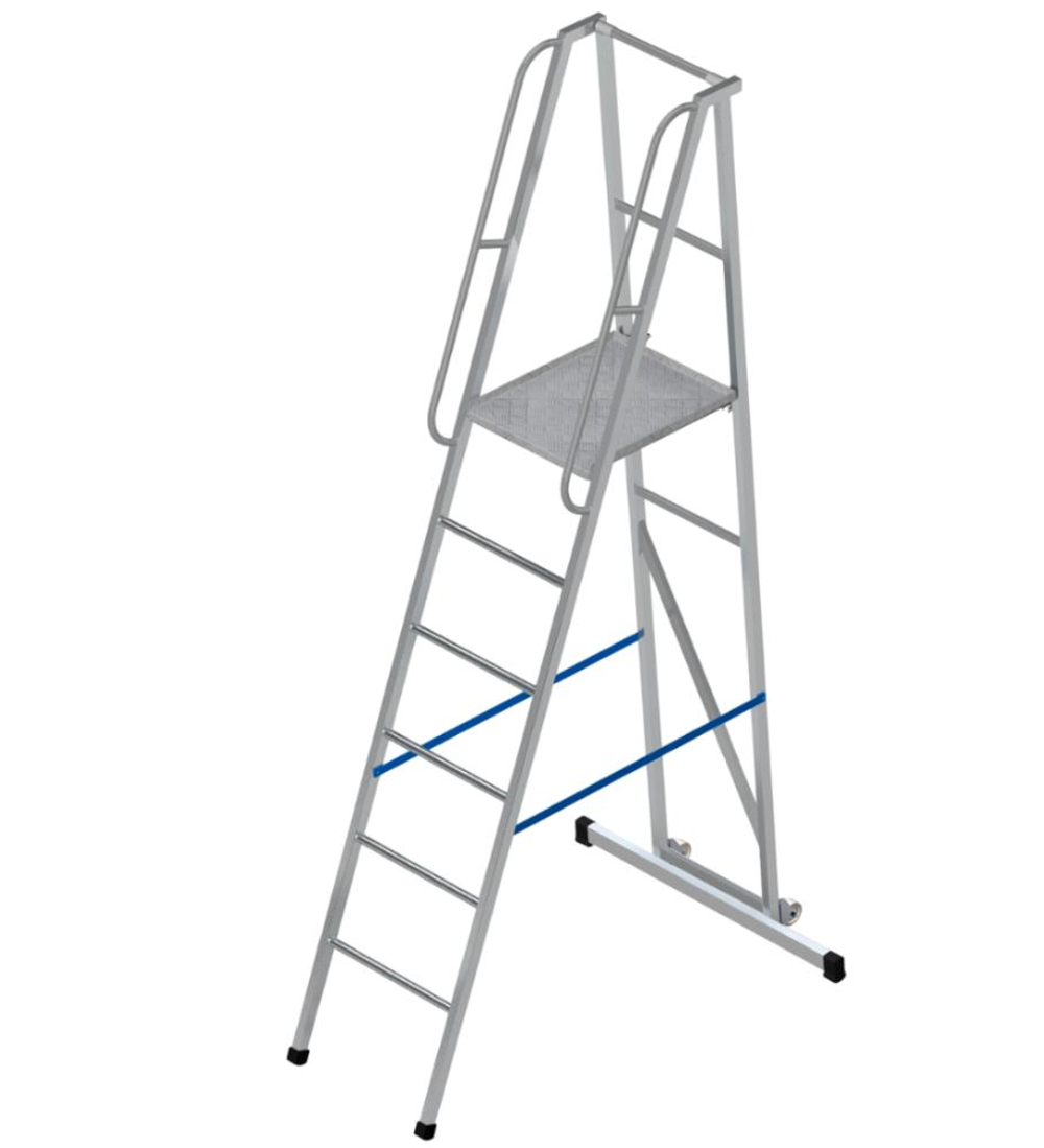 Лестница-платформа фиксированной высоты алюминиевая MEGAL ЛПФВА Н=1.2-5 передвижная с траверсой